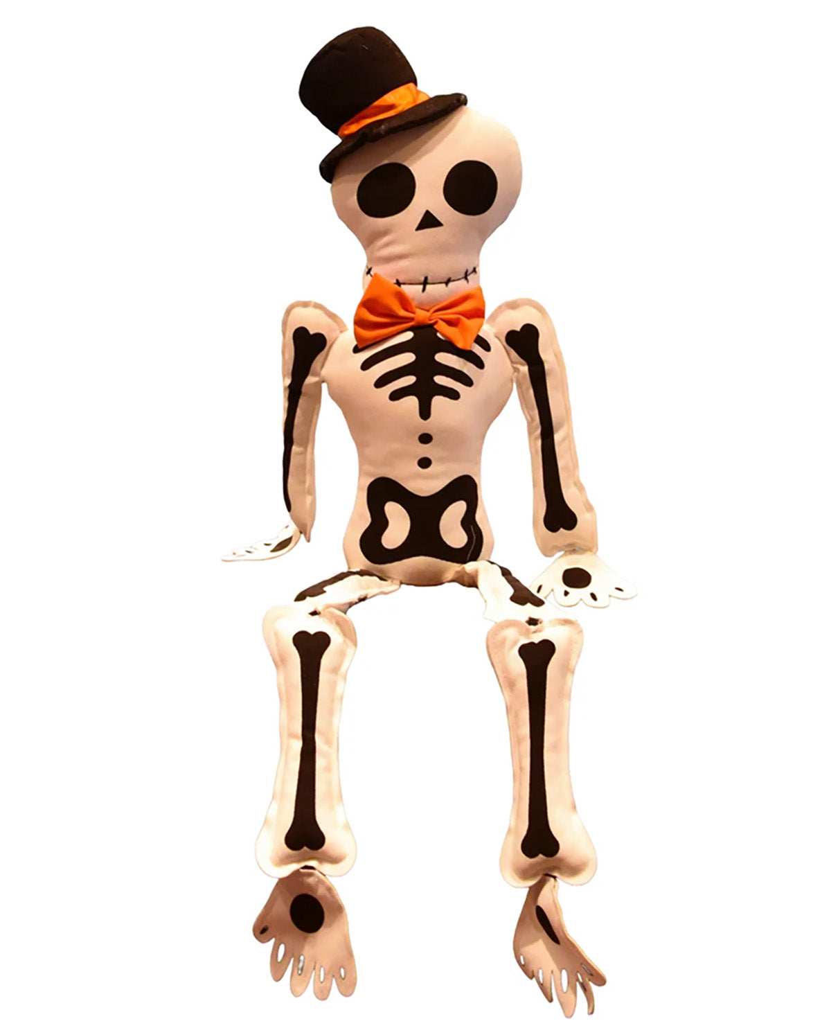 A Halloween skeleton plush doll with a beige body, black painted bones, an orange bow tie, and a black top hat with an orange band, isolated on a white background.