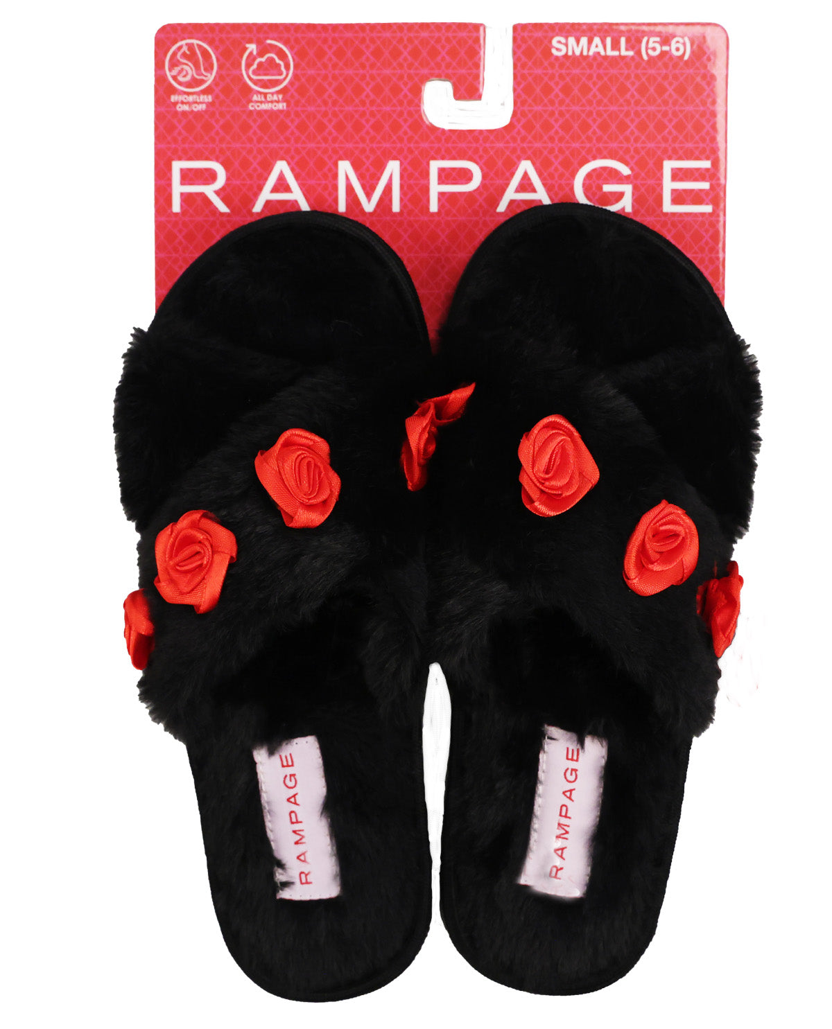 Black fuzzy slide slippers with red rose embellishments, shown with a red Rampage brand hang card that reads SMALL (5-6).