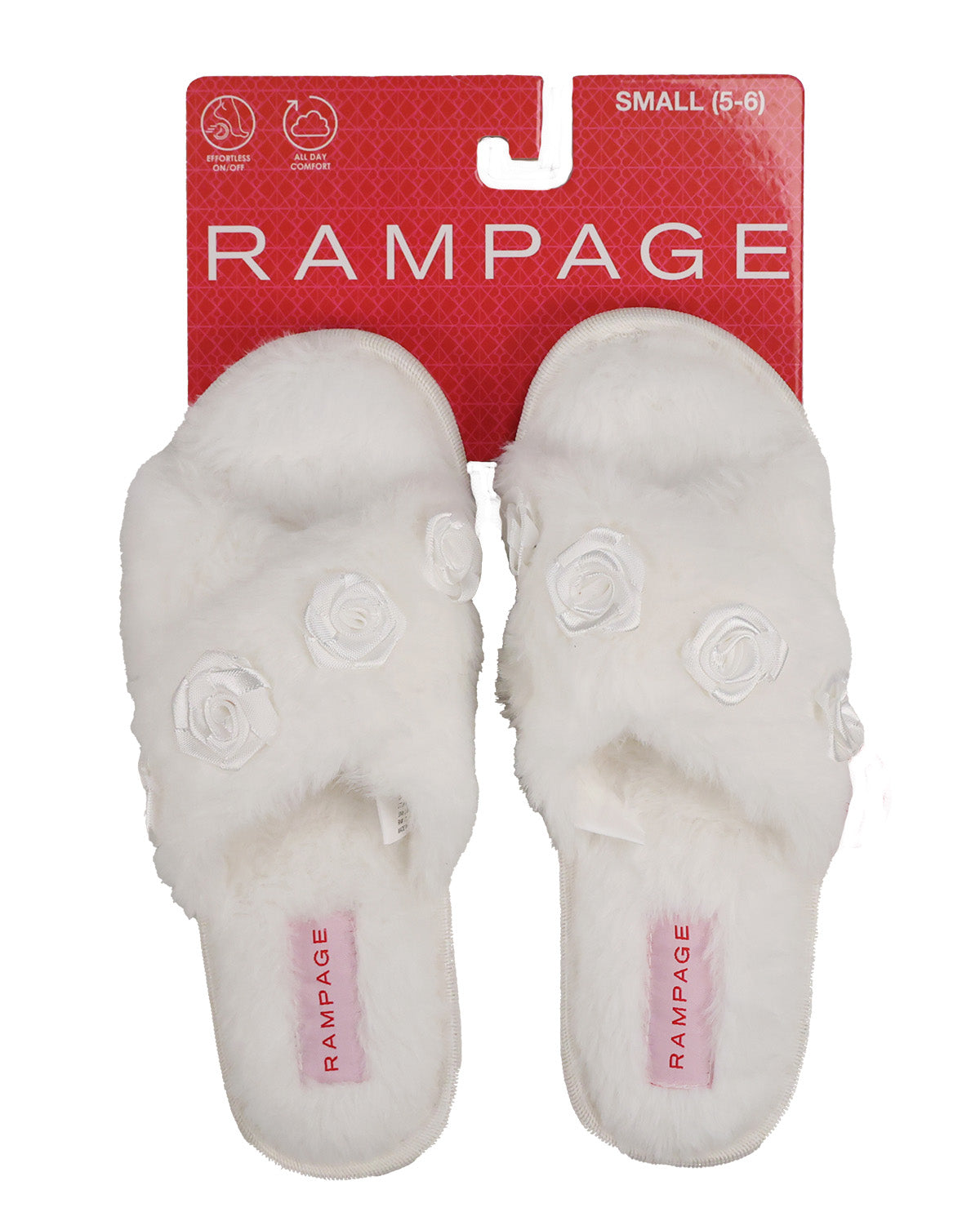 A pair of white furry slide sandals with 3D rose embellishments on the top, shown on their red Rampage retail backing card. The packaging indicates the size is Small (5-6).