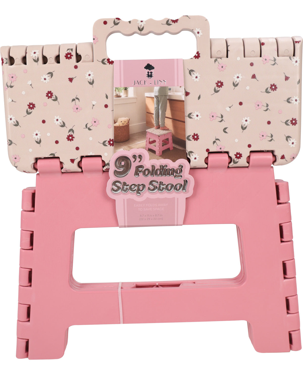 Pink folding step stool with a floral-patterned top panel and a central product photo insert, shown on a plain white background.