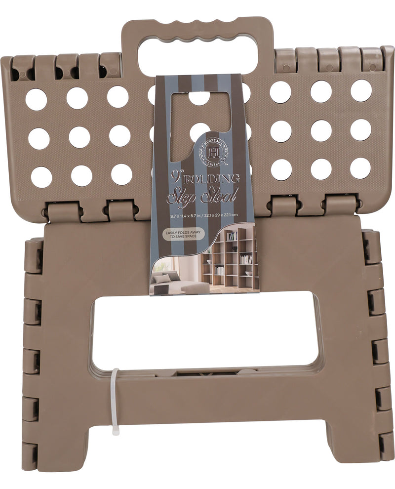 A brown collapsible plastic storage organizer with a handle on top and a hanging product tag, shown against a plain white background.