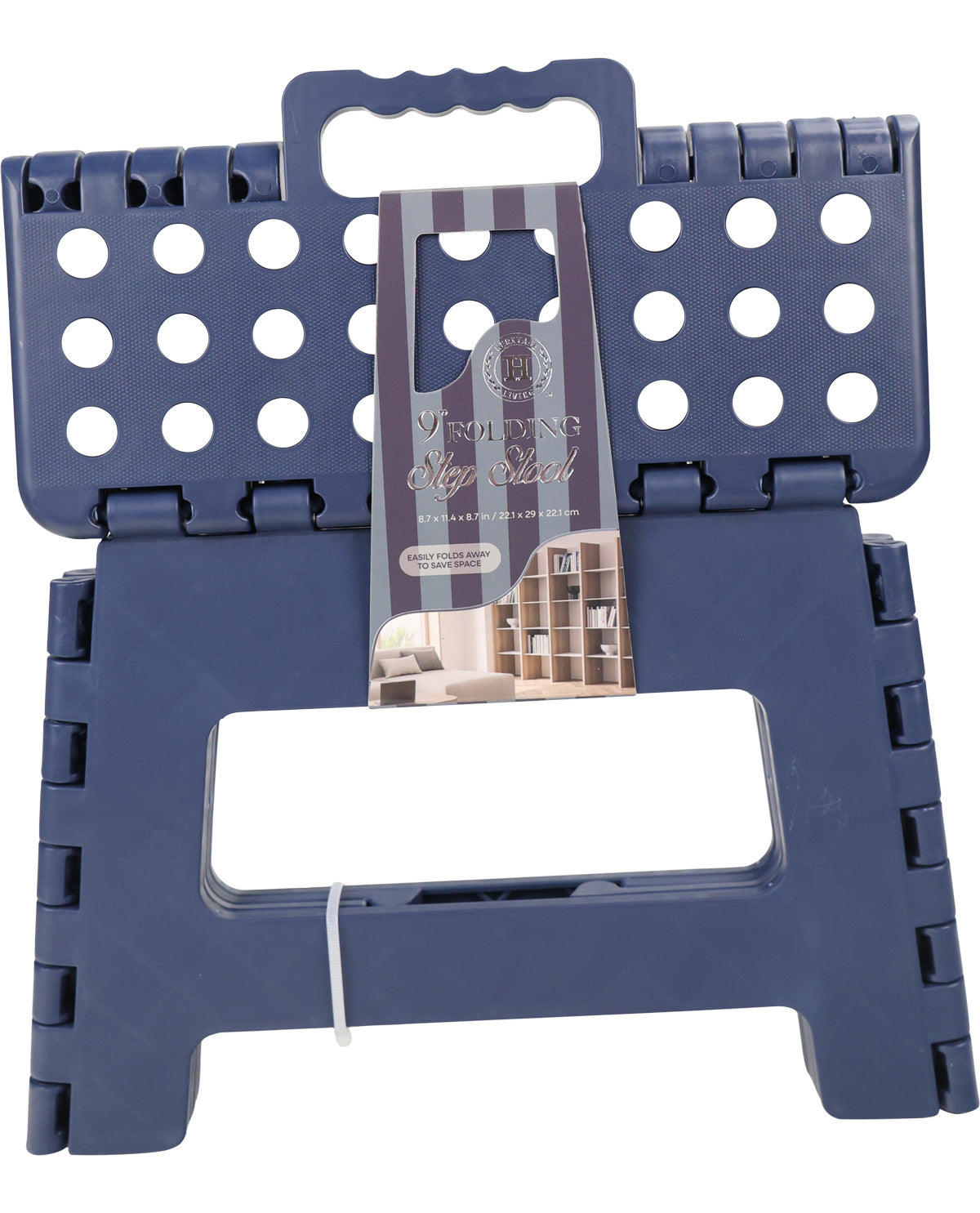A navy blue plastic folding book stand with a handle on top and a hanging product tag that reads 'Vestibule Registe' and 'Folding Book Stand'.