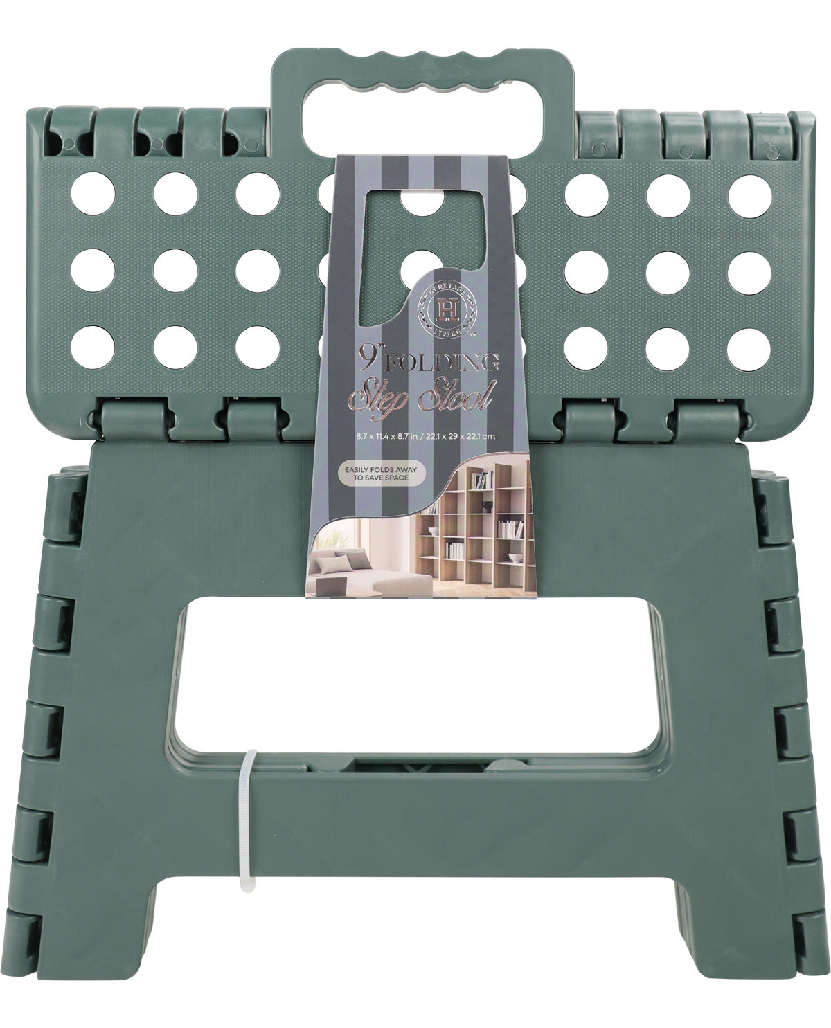 A dark green folding step stool with a built-in carrying handle and a hanging product tag, shown on a plain white background.