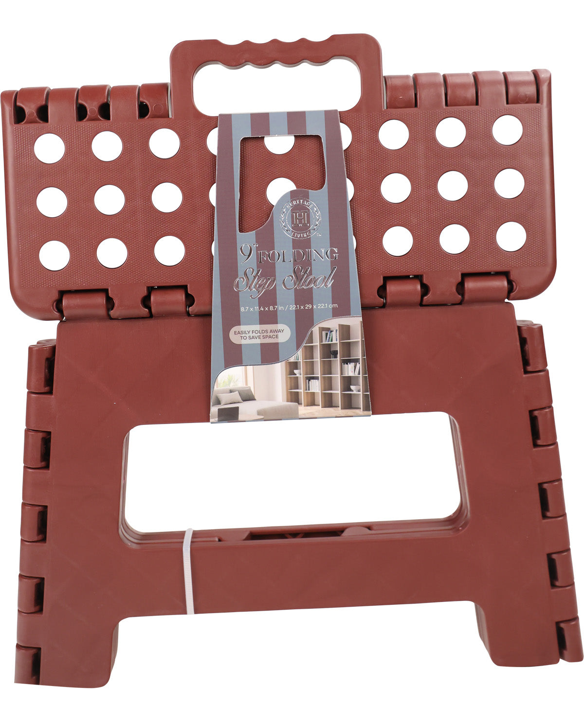 A reddish-brown plastic folding stand with a handle on top and a large cutout at the bottom, shown open against a white background. A branded insert card is placed in the center.