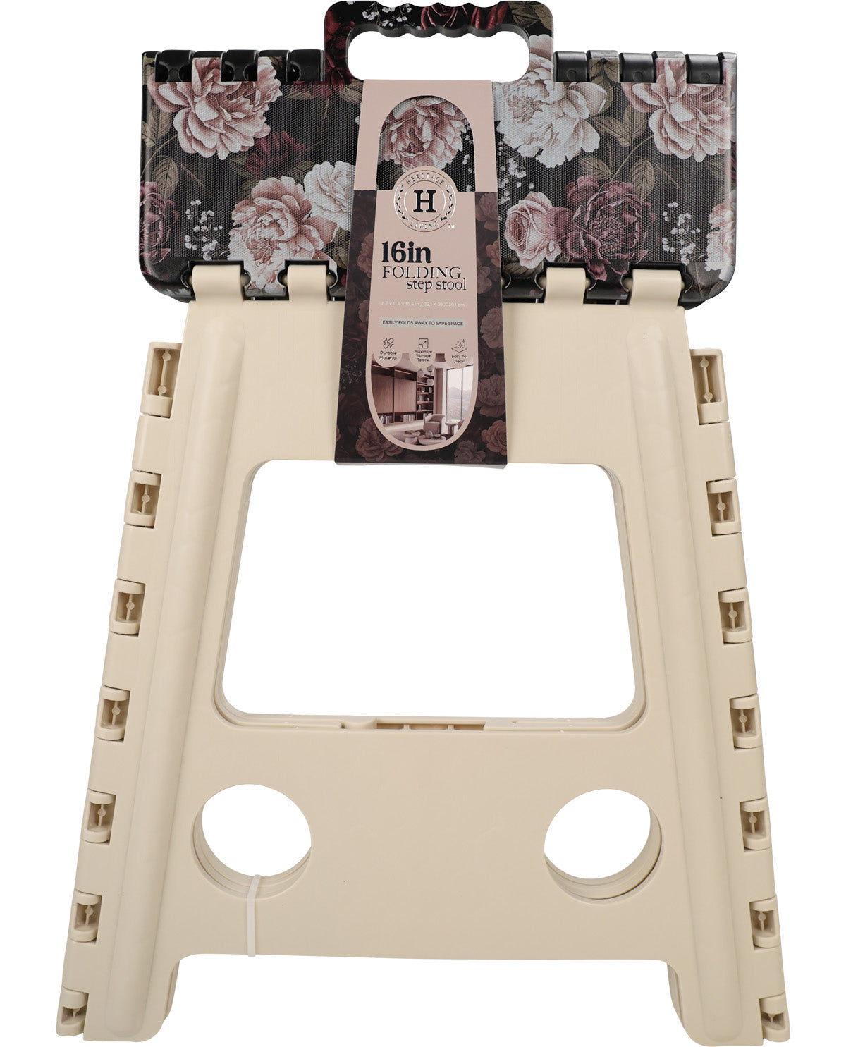 A beige plastic folding step stool with its floral-patterned retail packaging attached at the top, shown on a plain white background.