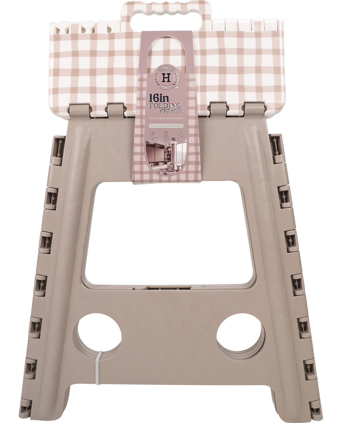A 16-inch folding step stool with a beige plastic frame and a light pink and white gingham fabric top, shown with its retail hangtag against a white background.