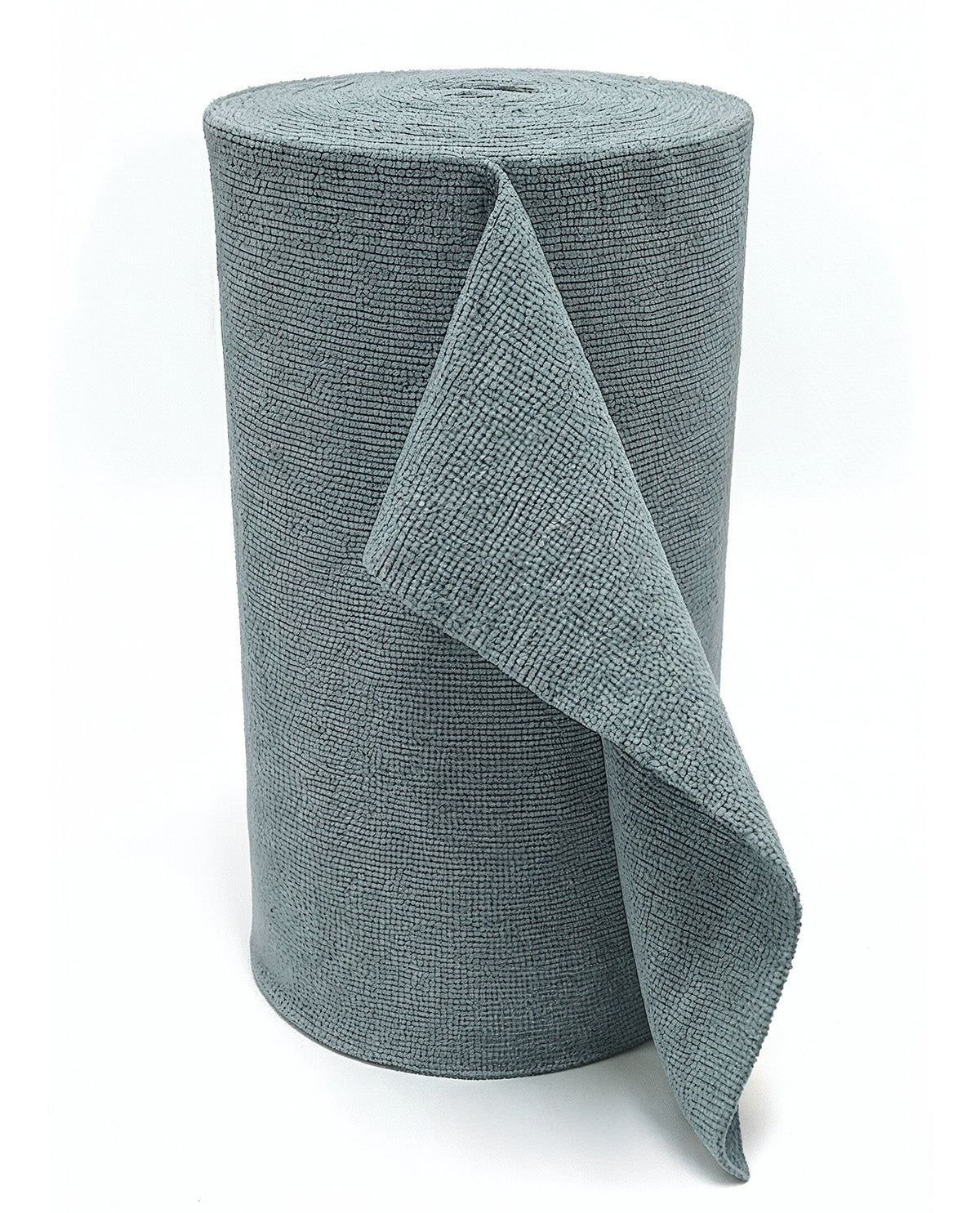 A roll of textured gray fabric or carpeting material, with one corner unrolled to show the weave, set against a plain white background.