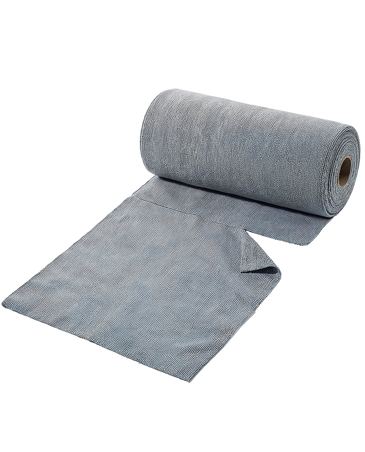 A roll of gray microfiber cloth with a strip unrolled out, shown on a plain white background.