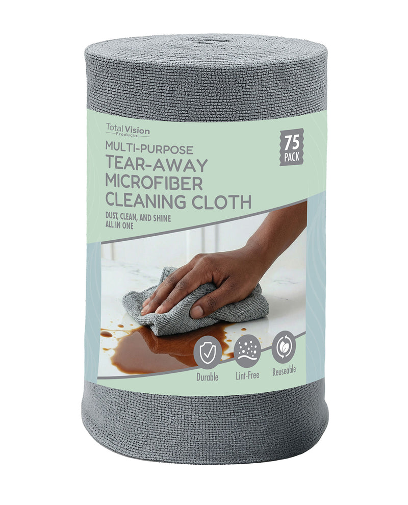 A roll of gray microfiber cleaning cloth with a paper label that reads 'Total Vision Multi-Purpose Tear-Away Microfiber Cleaning Cloth' and '75 Pack'. The label features a photo of a hand wiping a spill.