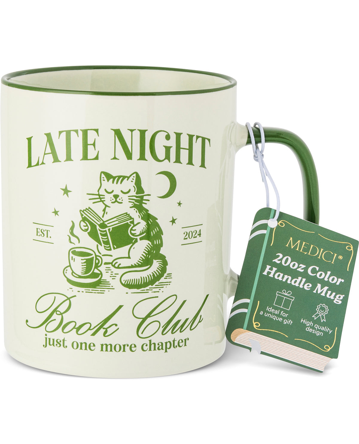 A 20oz ceramic mug with a dark green handle and rim, featuring a vintage-style green graphic of a cat reading a book with the text 'LATE NIGHT Book Club just one more chapter'. A dark green tag labeled 'MEDICR 20oz Color Handle Mug' hangs from the handle.