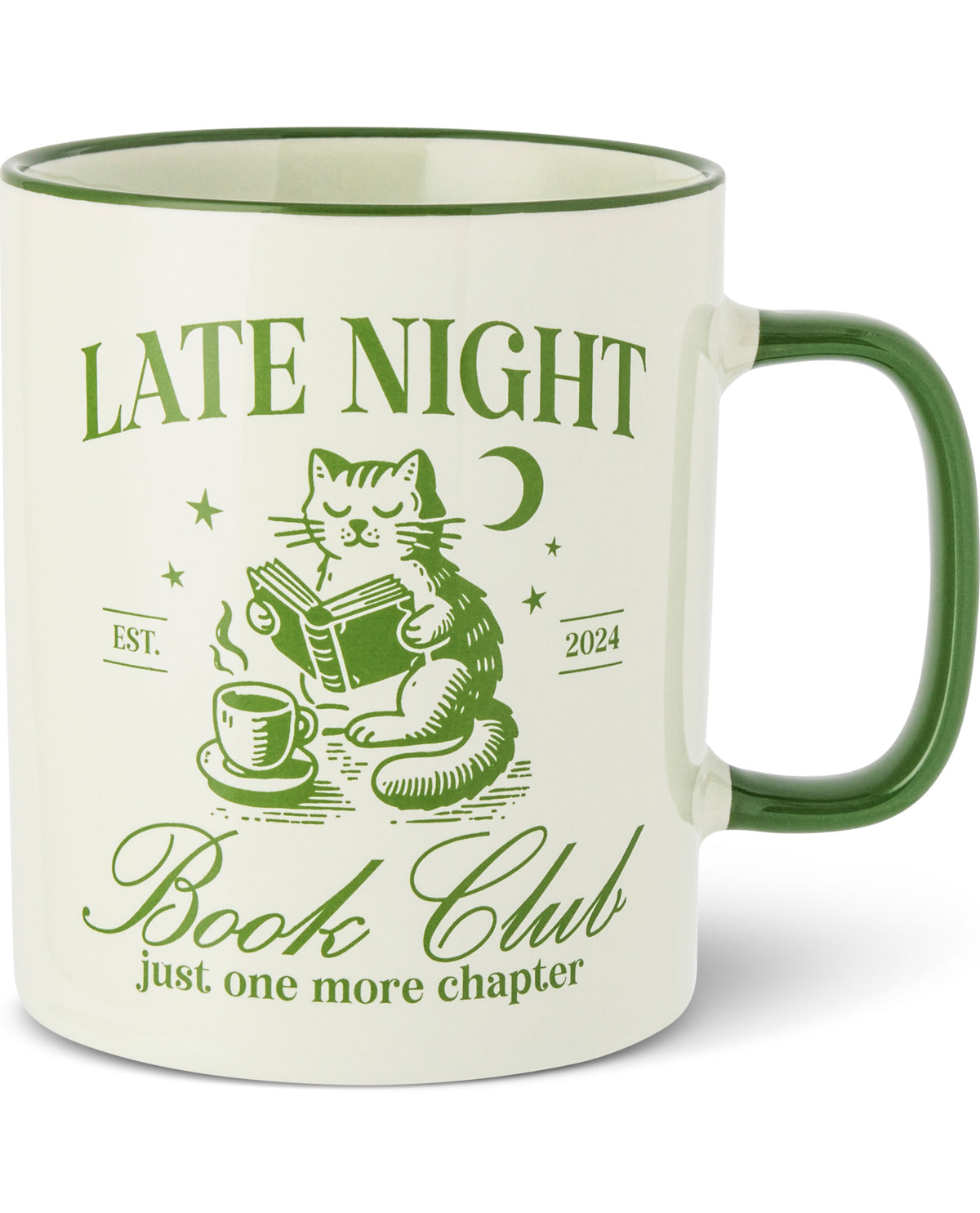 An off-white ceramic mug with a dark green handle, rim, and printed design. The design features a green illustration of a cat reading a book next to a steaming cup, with the text 'LATE NIGHT Book Club' and 'just one more chapter'.