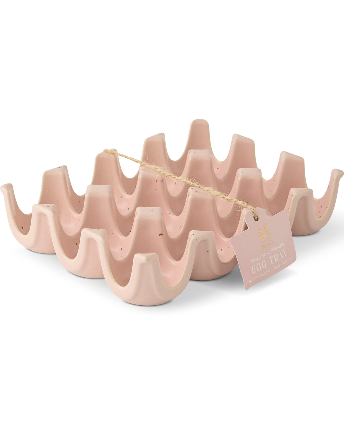 A ceramic egg carton planter in a light blush pink glaze, featuring a small hanging paper tag that reads 'The Art of Egg Plant'.