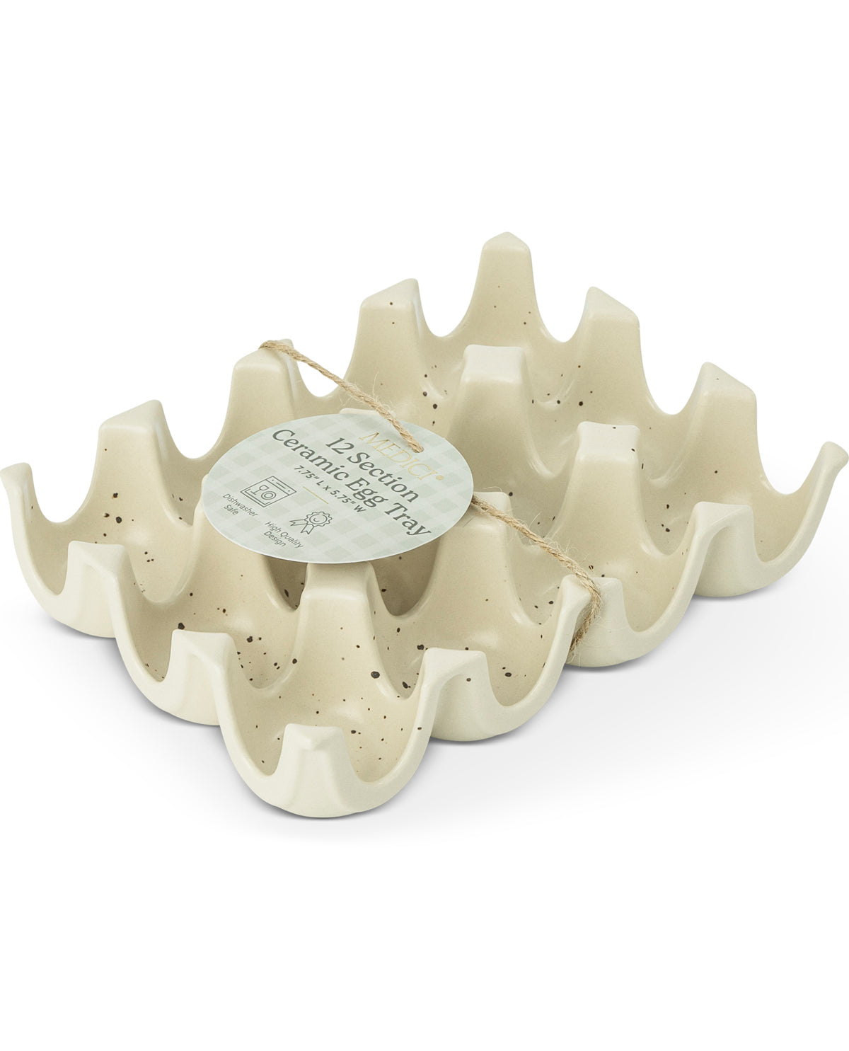 A ceramic egg-shaped pig toy in a speckled cream color, featuring a hanging paper tag that reads 'Ceramic Pig Toy'.