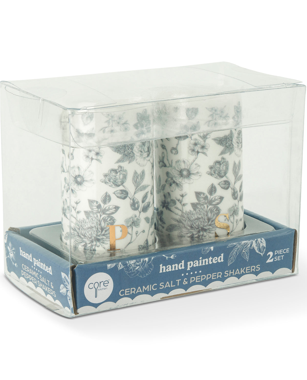 A 2-piece set of hand-painted ceramic salt and pepper shakers in a clear plastic display box with a blue and white base. The shakers feature a delicate blue-gray floral pattern on a white background, with one shaker showing a gold 'P' letter.