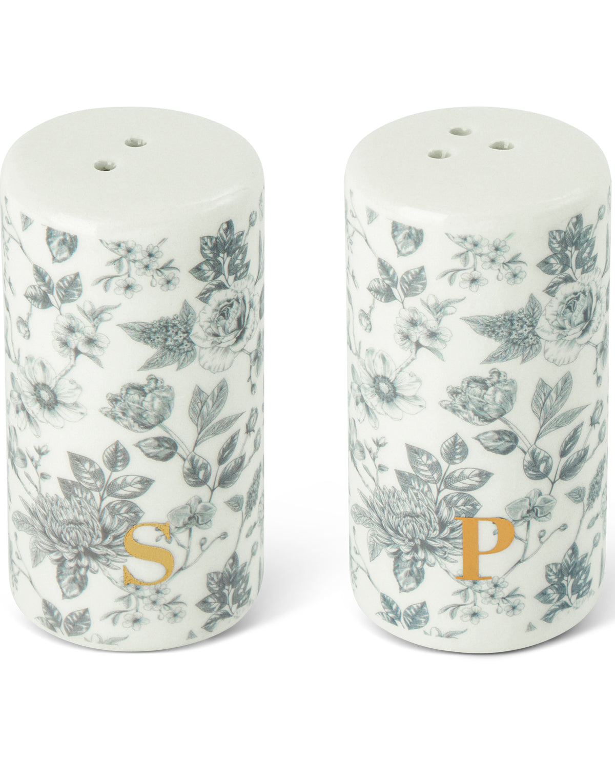 A pair of cylindrical ceramic salt and pepper shakers with a white background and a blue-gray floral toile pattern, featuring gold monogrammed initials 'S' and 'P' on the front.