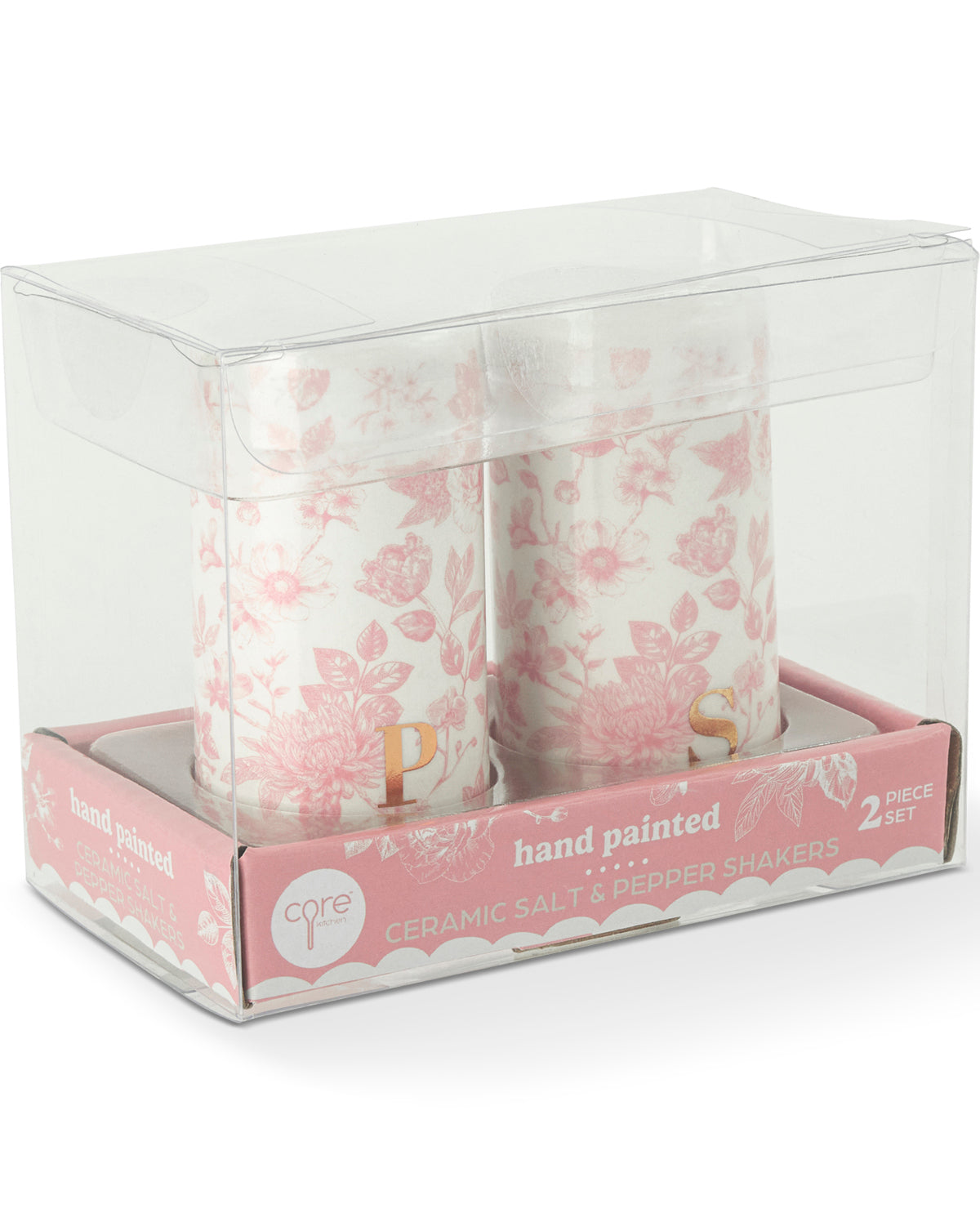 A 2-piece set of Core 1 hand-painted ceramic salt and pepper shakers in a clear plastic storage box with pink packaging. The shakers are white with a pink floral pattern and gold lettering.