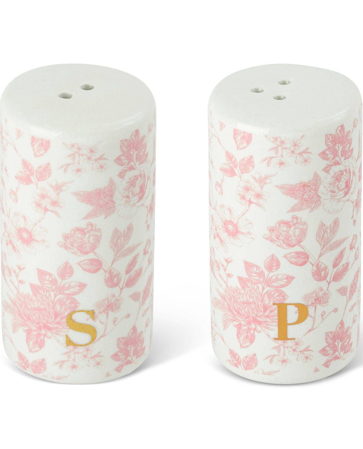 A pair of cylindrical ceramic salt and pepper shakers with a white background and a pink floral toile pattern, featuring gold monogrammed initials 'S' and 'P' at the bottom.