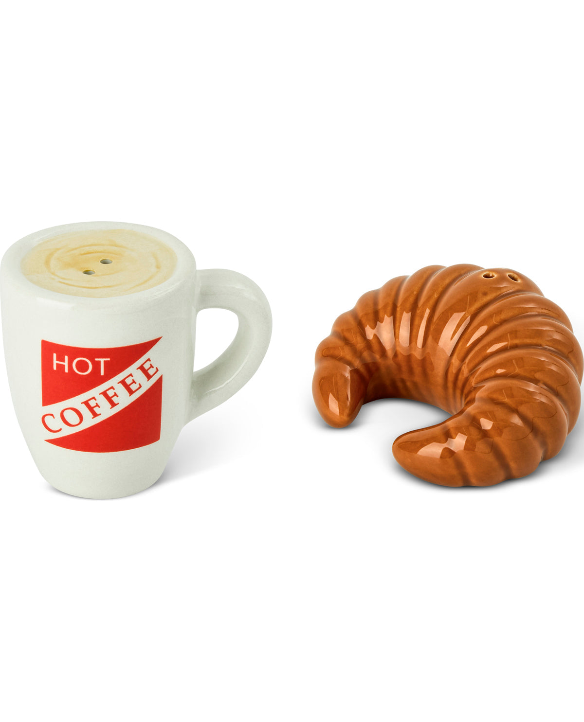 A ceramic coffee-themed product set featuring a small white mug with a red 'HOT COFFEE' label and a glossy brown croissant-shaped item, shown on a plain white background.