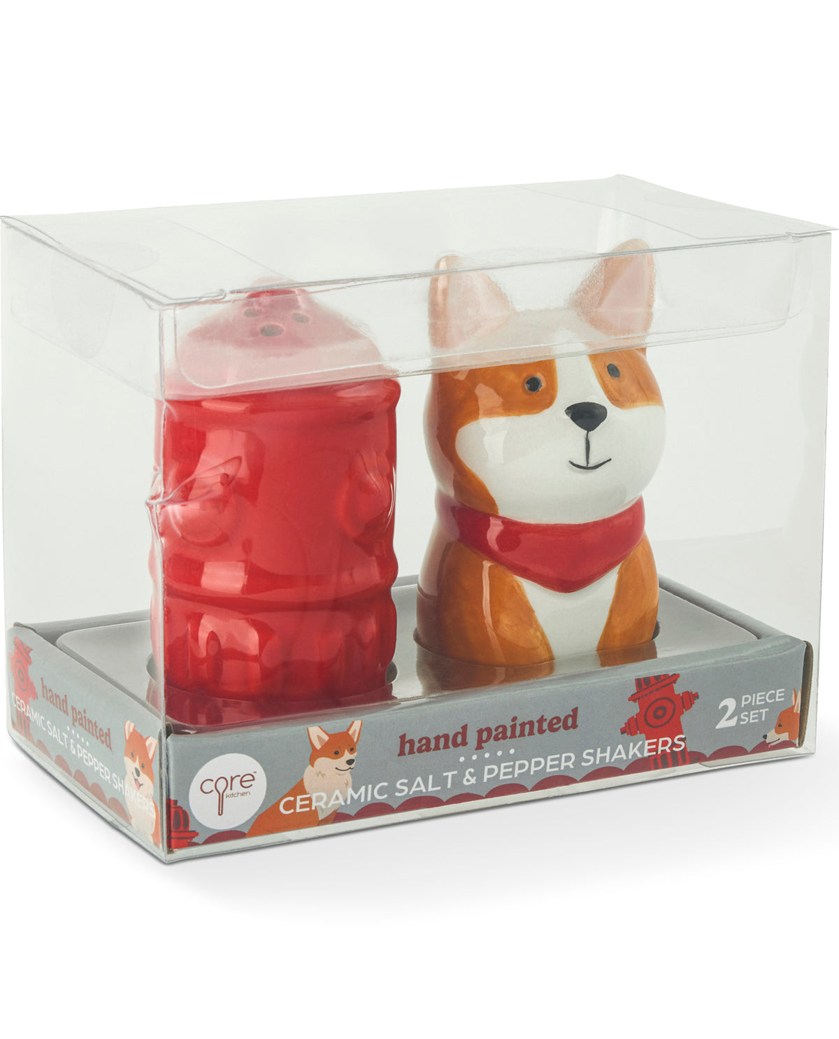 A 2-piece ceramic salt and pepper shaker set in its clear plastic packaging. The set features a red bear-shaped shaker and a hand-painted corgi dog shaker wearing a red bandana.