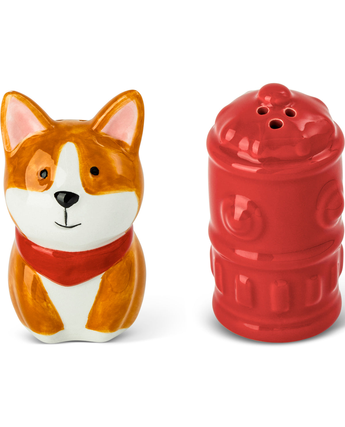 A ceramic salt and pepper shaker set on a white background. One shaker is shaped like a corgi dog with orange, white, and red coloring, and the other is a red fire hydrant-shaped shaker.