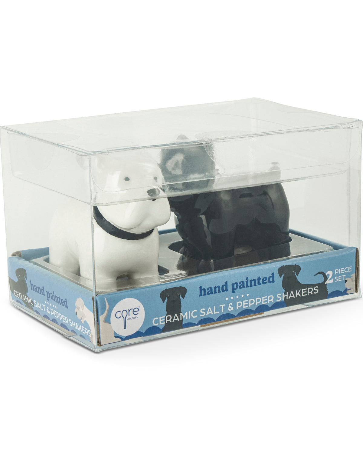 A 2-piece ceramic salt and pepper shaker set by Core, featuring a white polar bear and a black bear, displayed inside its clear plastic storage box with a blue and white branded base.