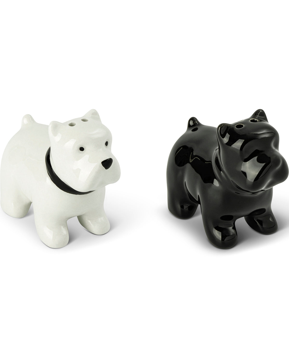 Two ceramic bulldog-shaped salt and pepper shakers, one glossy white with a black collar and one glossy black, on a white background.