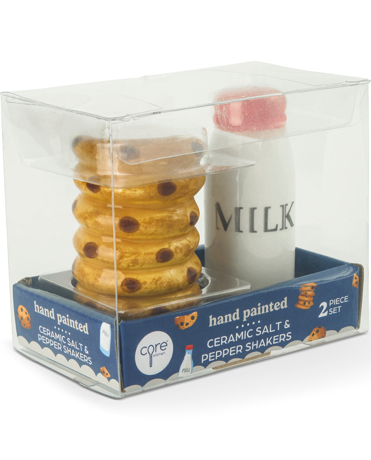 A hand-painted ceramic salt and pepper shaker set in a clear plastic display box. The set includes a white bottle-shaped shaker labeled 'MILK' with a pink cap and a stack of golden-brown cookie-shaped shakers with dark chocolate chips.
