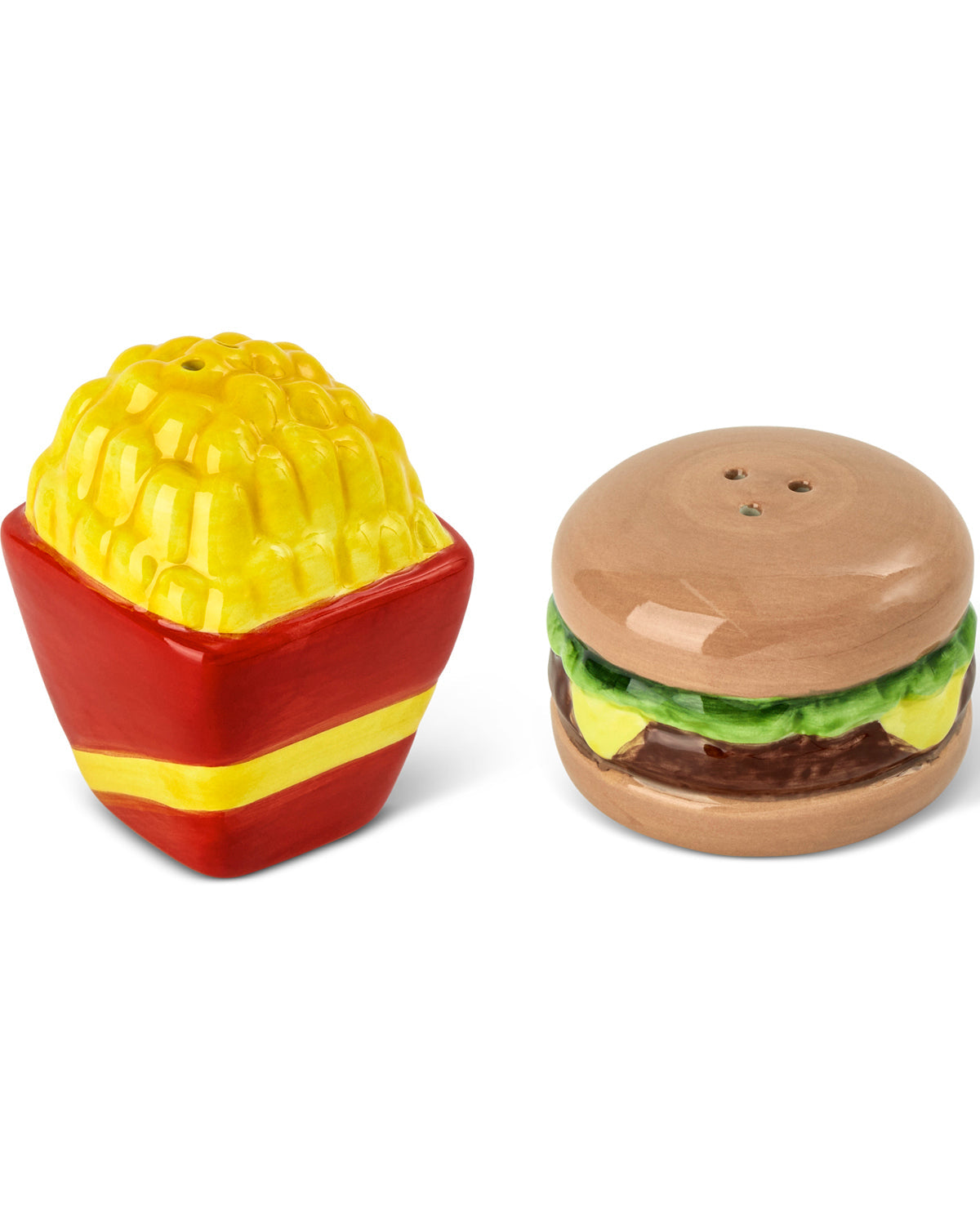 A pair of novelty salt and pepper shakers shaped like a french fries container and a hamburger, shown on a plain white background.