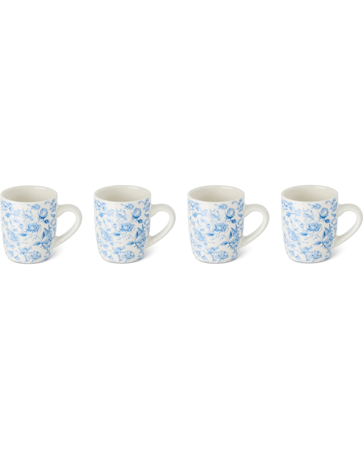 Four small ceramic mugs with blue floral patterns on a white background, arranged in a row against a plain white backdrop.