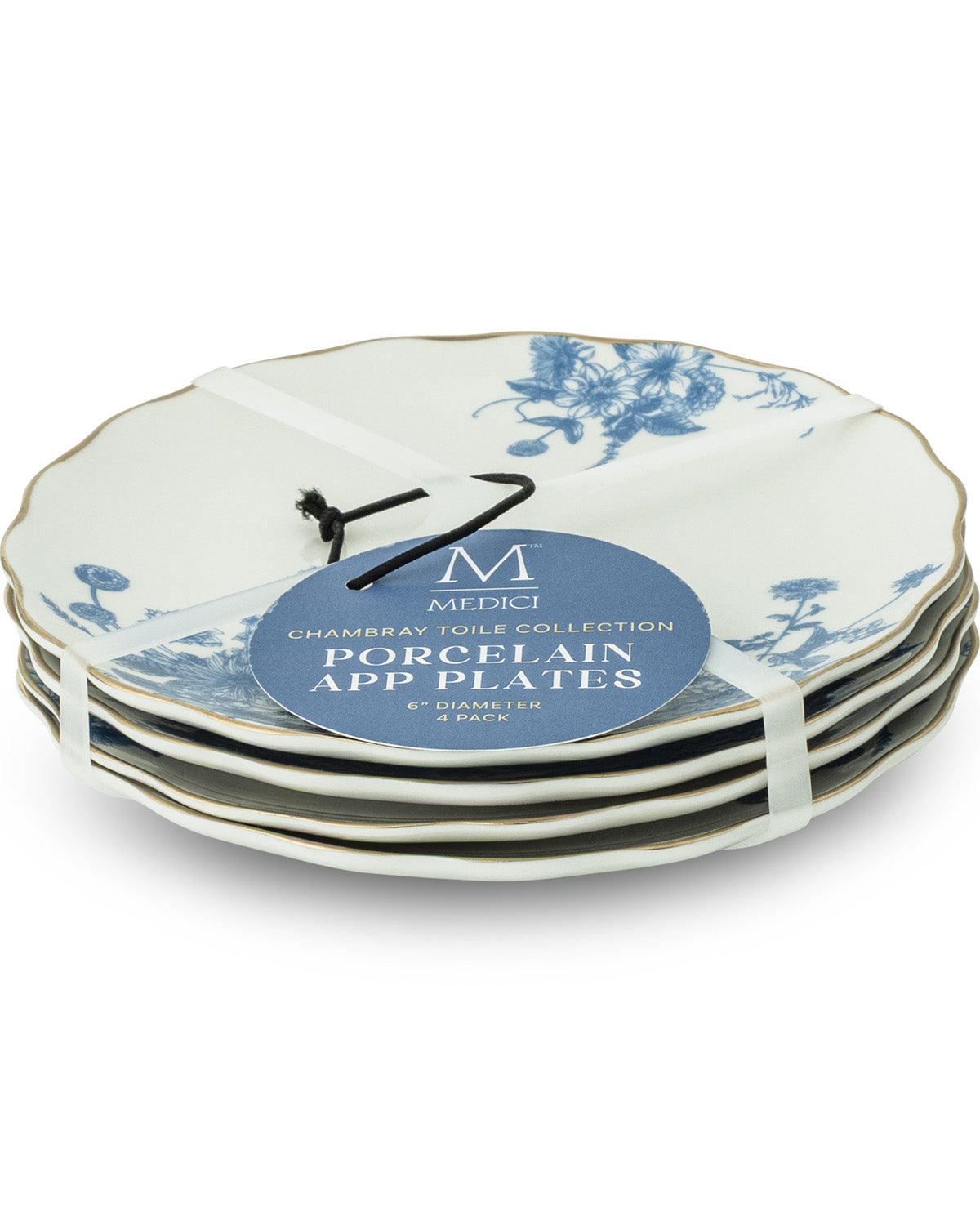 A stack of six Metti porcelain app plates in the Chambray Toile Collection, featuring a blue floral pattern on a white background with a central blue paper label.