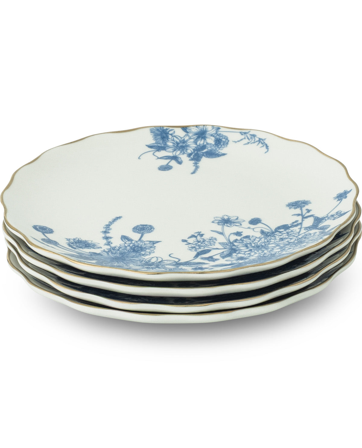 A stack of five ceramic plates with a scalloped rim, featuring a blue floral toile pattern and a thin gold edge, set against a plain white background.