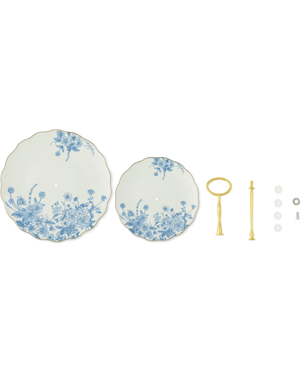 Two blue and white floral ceramic plates with scalloped edges, shown alongside gold-toned metal mounting hardware and small white fasteners on a plain white background.