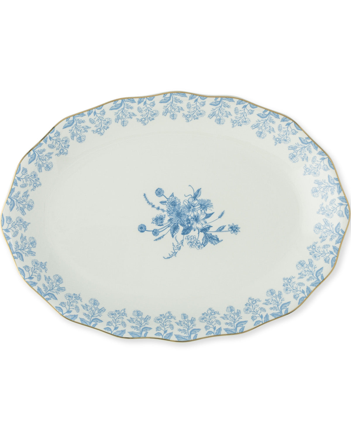 An oval ceramic serving platter with a scalloped edge, featuring a delicate blue floral toile pattern around the border and a matching floral motif in the center, set against a plain white background.