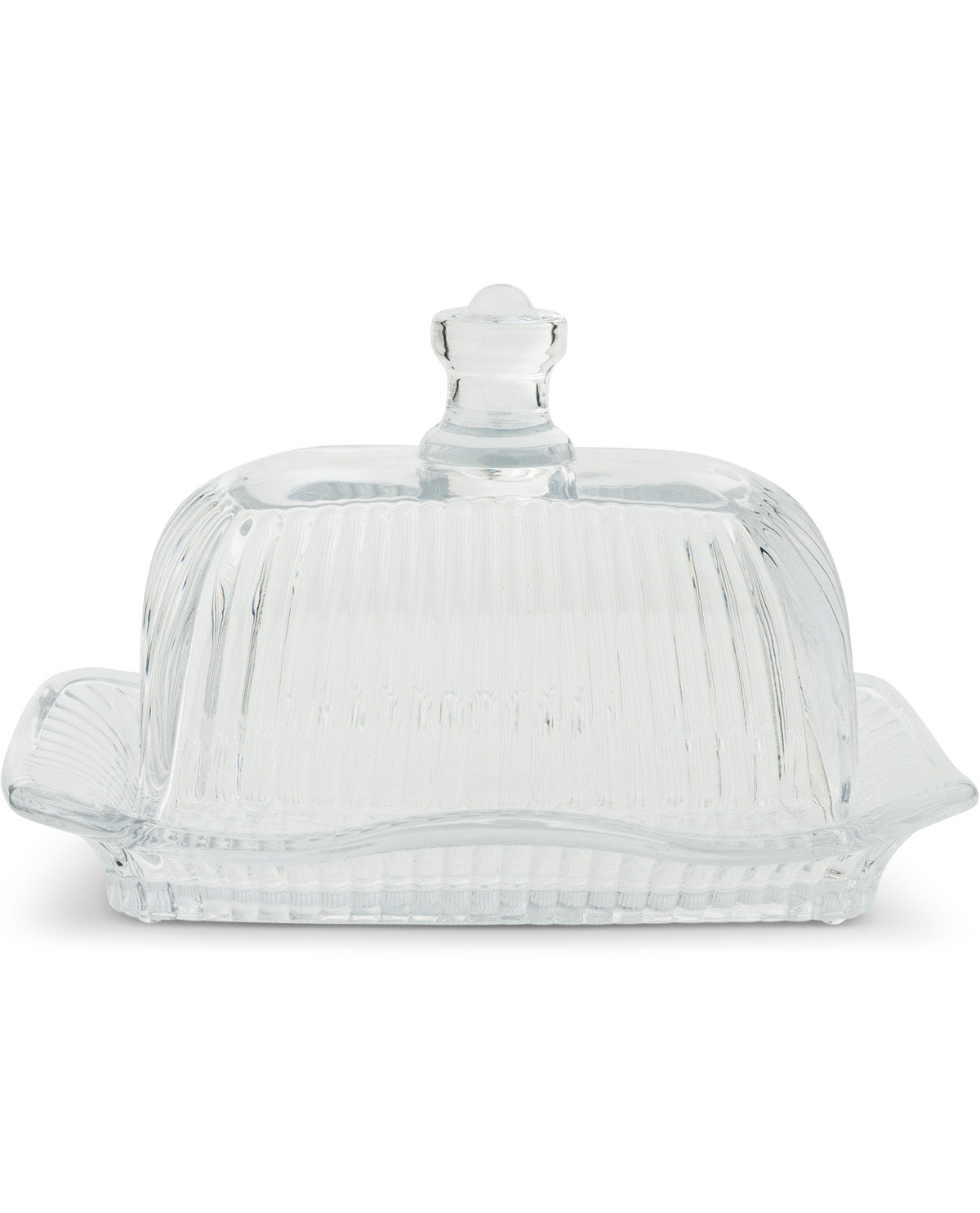 Clear ribbed glass butter dish with a matching lid and side handles, photographed on a white background.