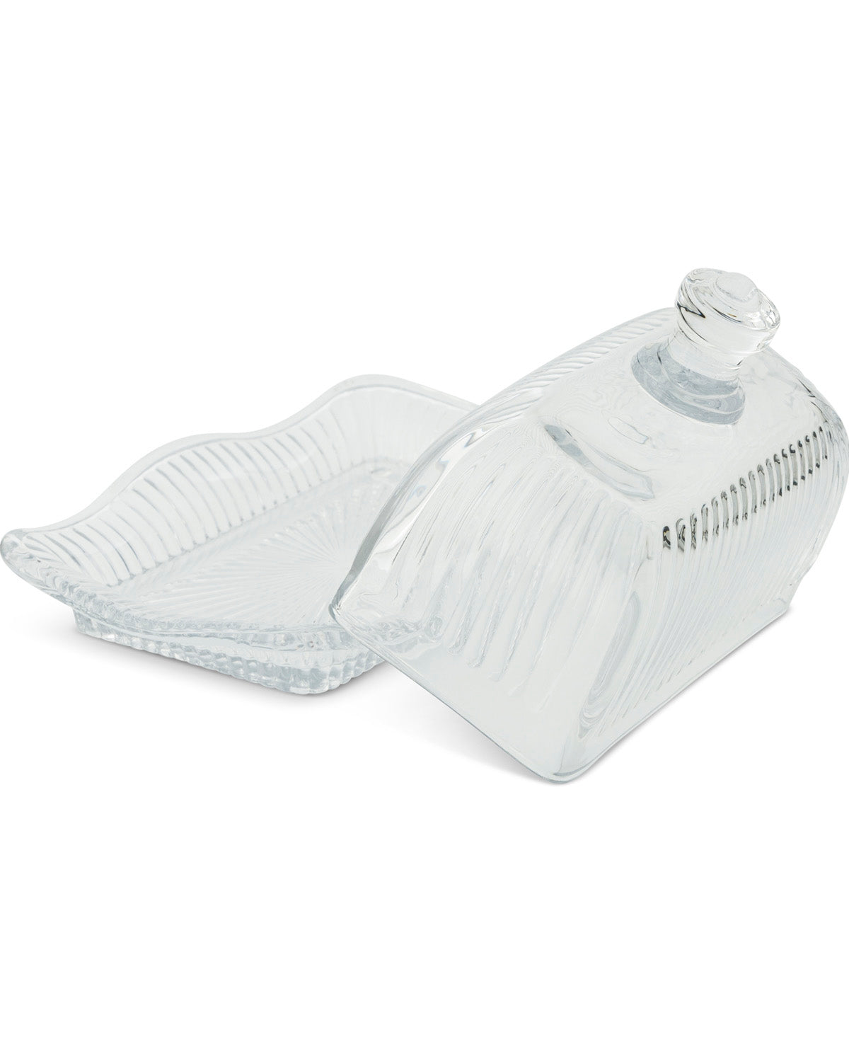 Clear ribbed glass food cover with a matching shallow glass tray, shown on a white background.
