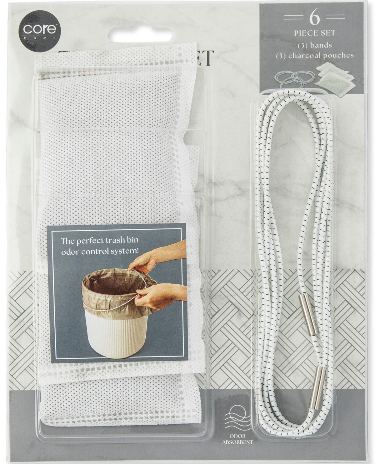 Core 55 Odor Block Trash Bin Odor Control System 6-piece set in its retail packaging, featuring a white mesh bag, elastic bands, and charcoal pouches.