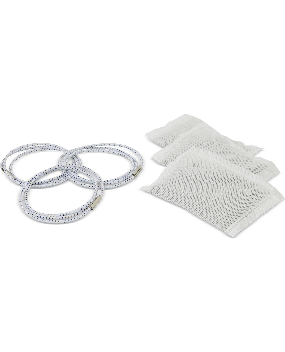 Three white mesh cleaning bags and three coiled white plastic replacement tubes on a plain white background.