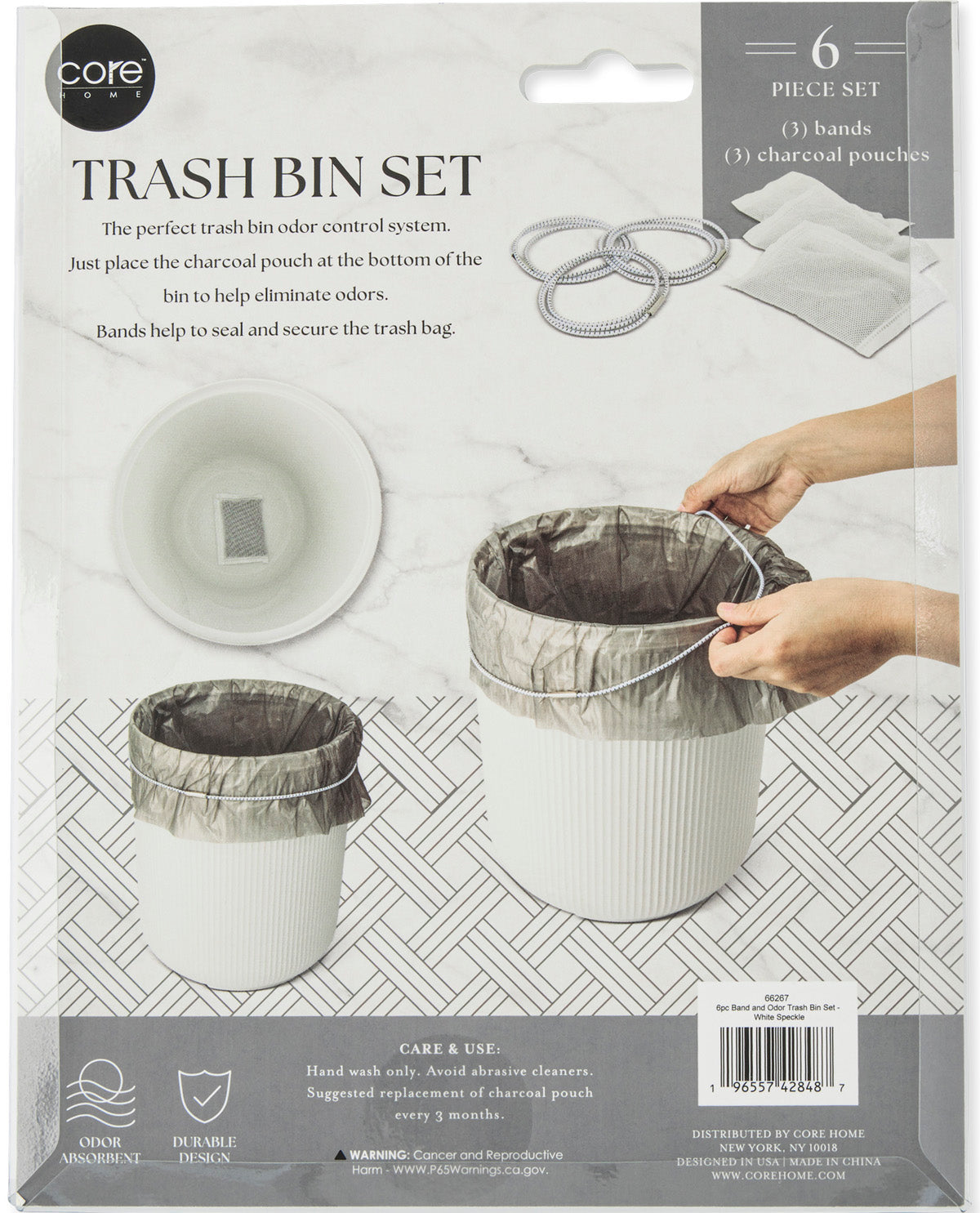 Core 6-piece trash bin set in its retail packaging, featuring a white ribbed trash bag with a gray charcoal lining, metal bands, and a charcoal pouch, shown with hands demonstrating how to place the liner in the bin.