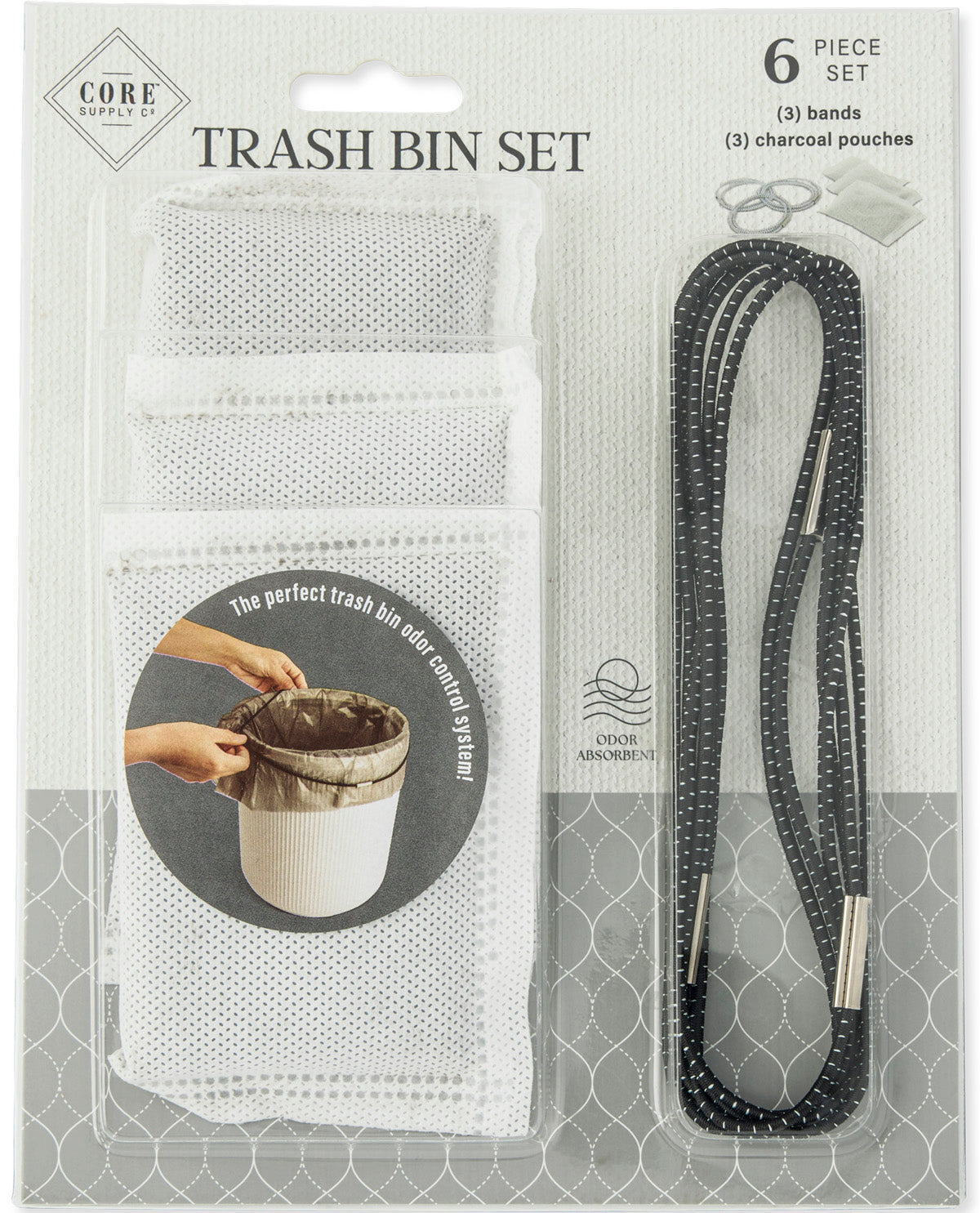 Core Living Trash Bin Set in retail packaging, featuring three white mesh side-closure trash bags and three black elastic bands with white stitching.