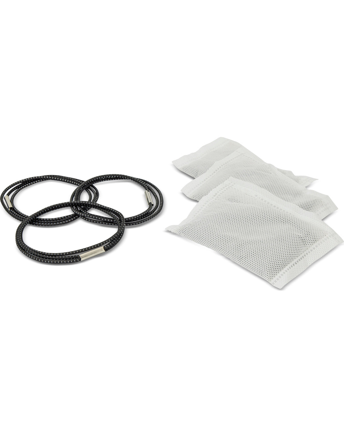 Three black braided cord hair ties with silver metal tips arranged next to three white mesh drawstring pouches on a plain white background.