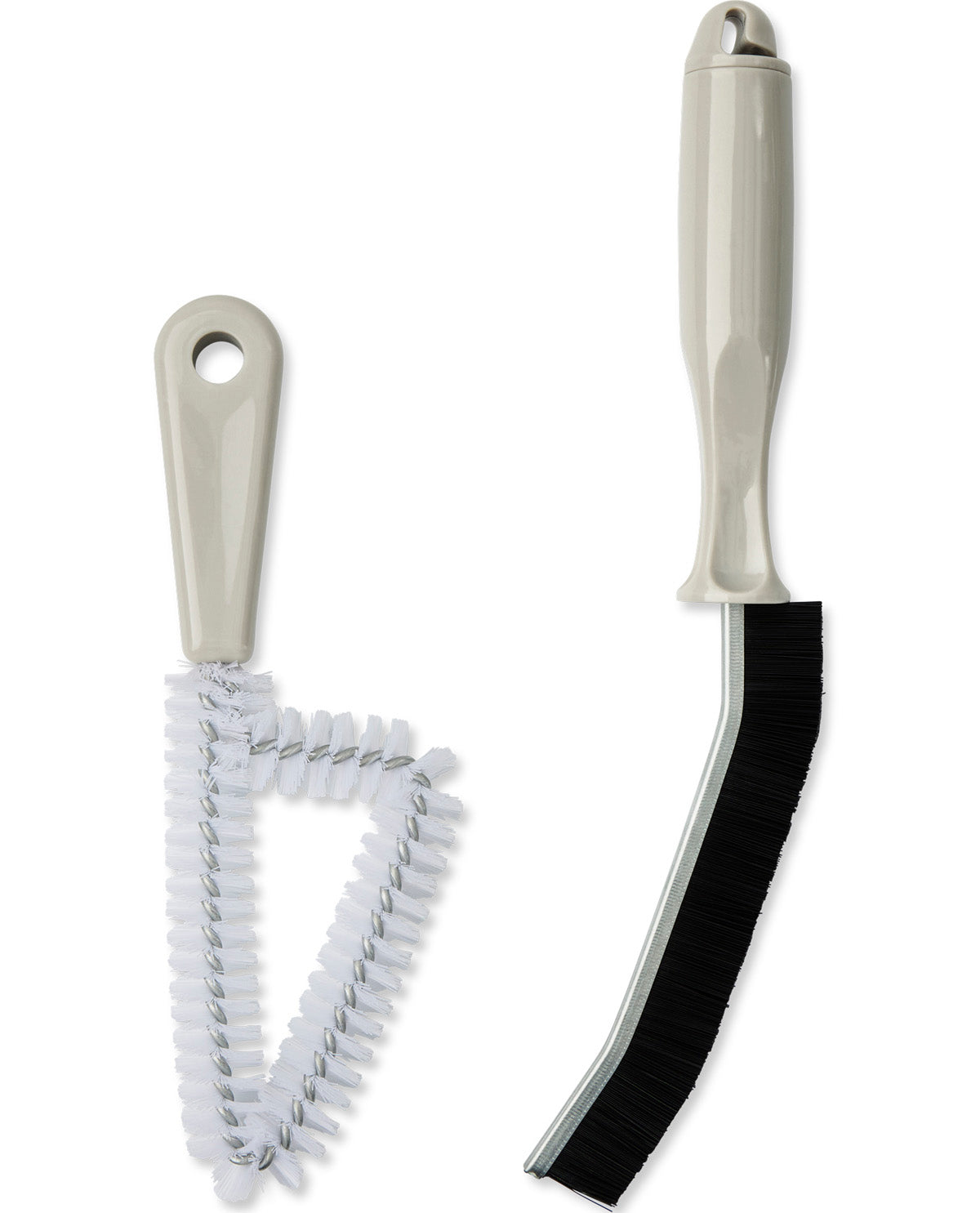 A two-piece cleaning brush set on a white background, featuring a flexible triangular scrubber with white bristles and a curved cleaning brush with black bristles, both with light gray plastic handles.