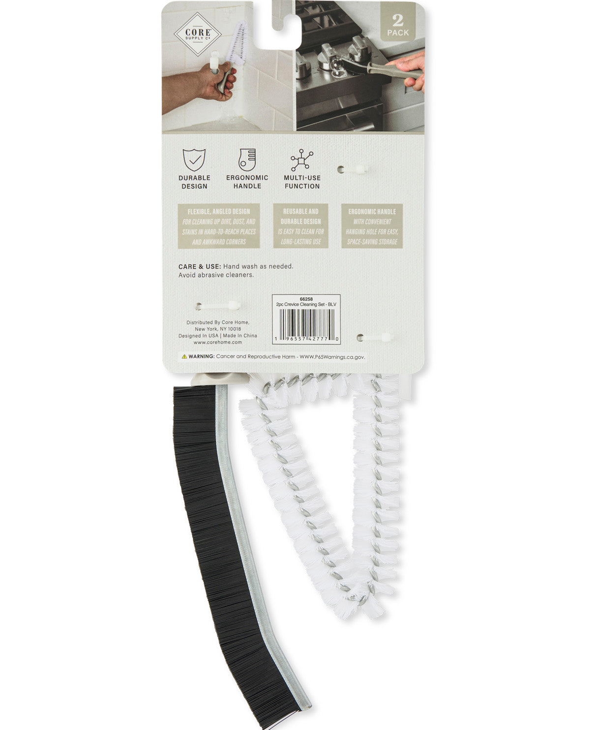 A packaged multi-functional kitchen scrubber set by Care & Love, featuring a black flexible scrubber and a white spiral scrubber attached to a cardboard backing with product features and usage images.