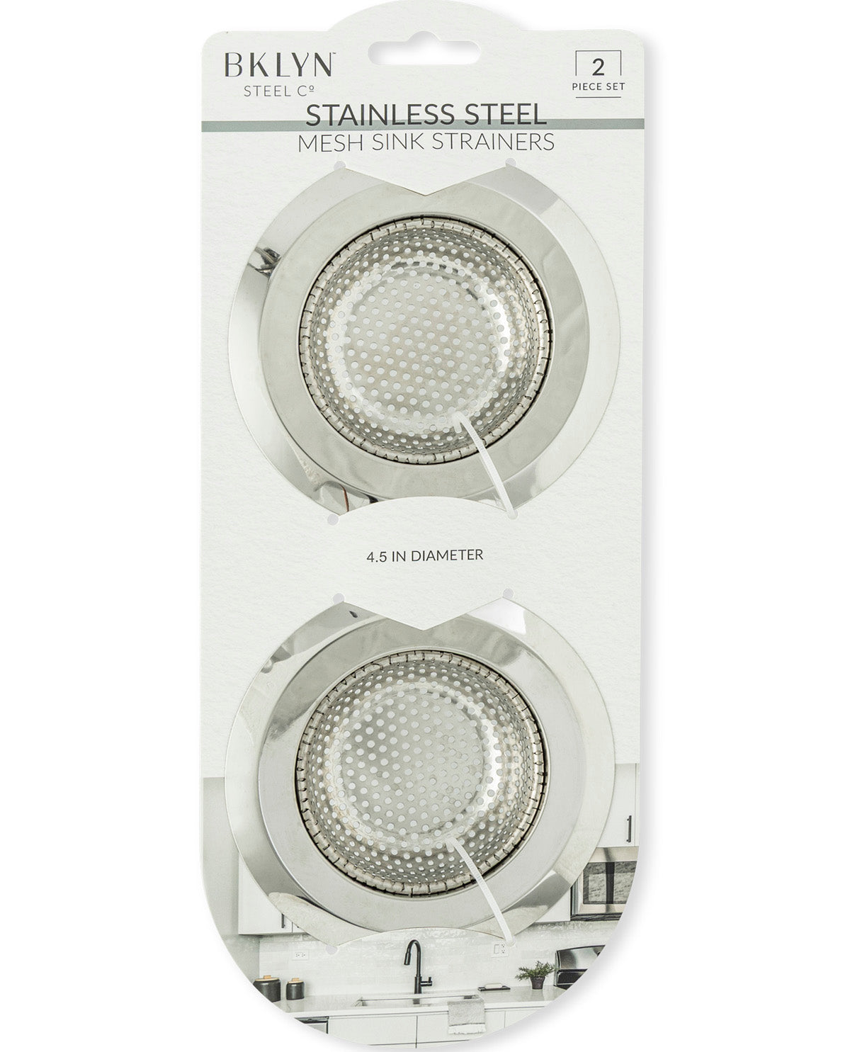A 2-piece set of BKlyn Stainless Steel mesh sink strainers, 4.5 inches in diameter, packaged on a white cardboard backing with a hanging tab.