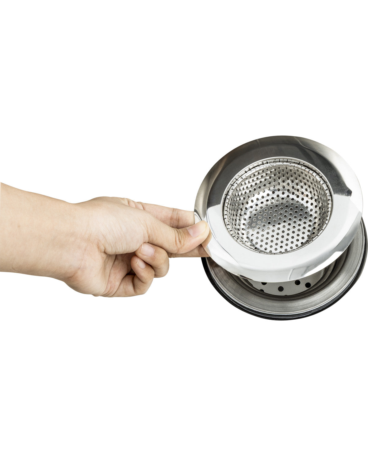 A hand holding a stainless steel sink strainer basket against a plain white background.