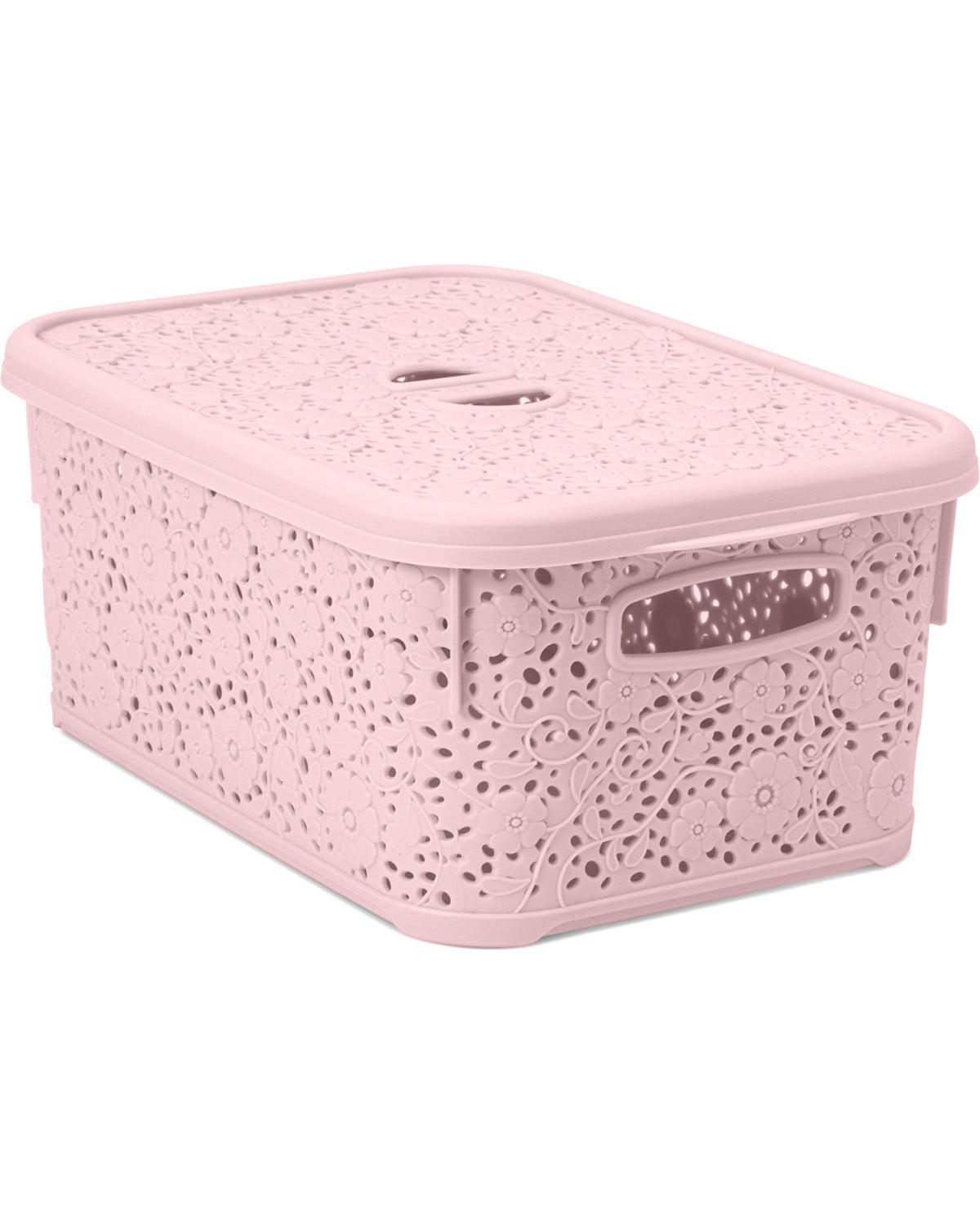 A light pink plastic storage bin with a matching lid, featuring a decorative floral lace-like cutout pattern and integrated side handles, shown on a plain white background.