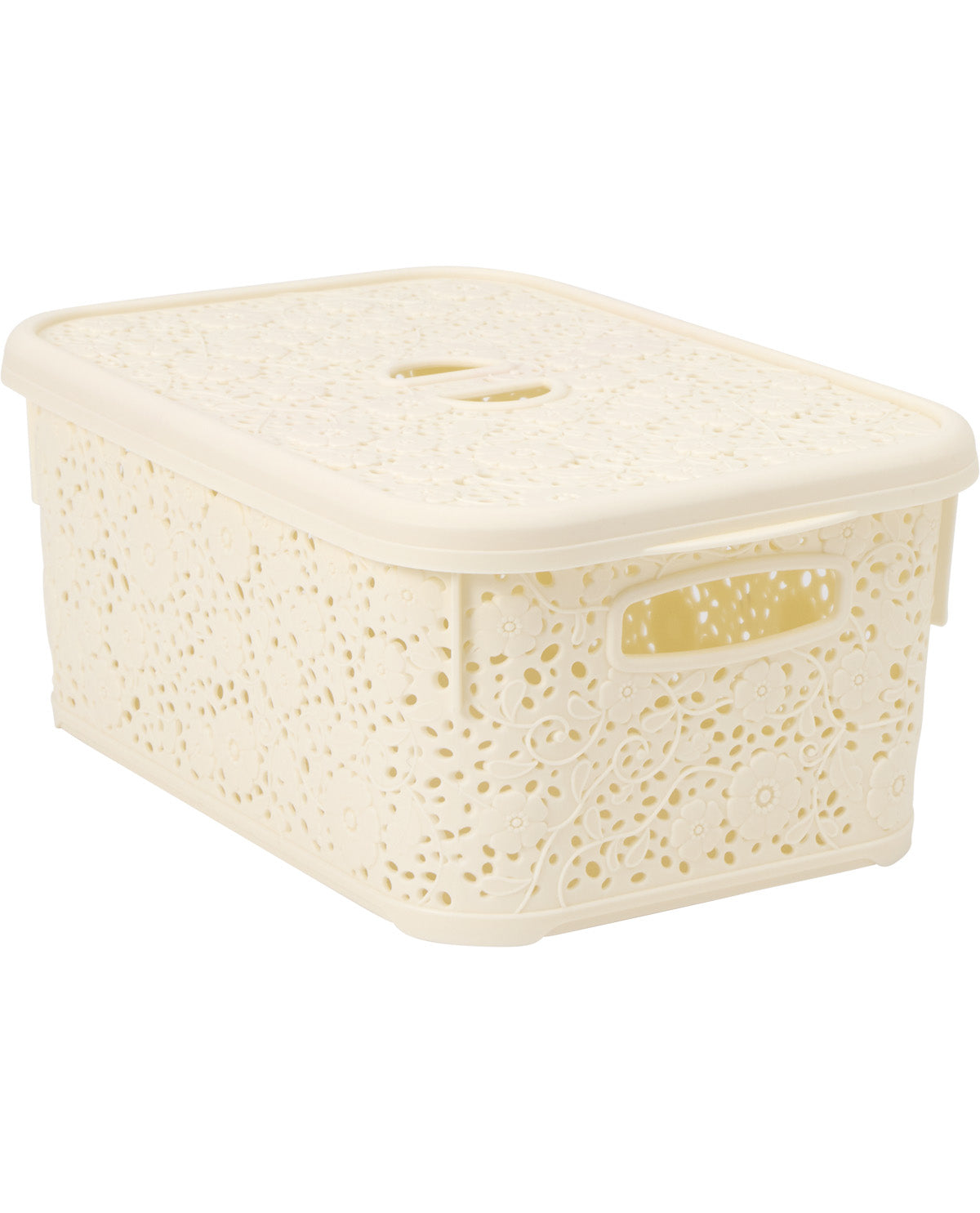 An off-white plastic storage bin with a matching lid, featuring a decorative perforated floral pattern and integrated side handles, shown on a plain white background.