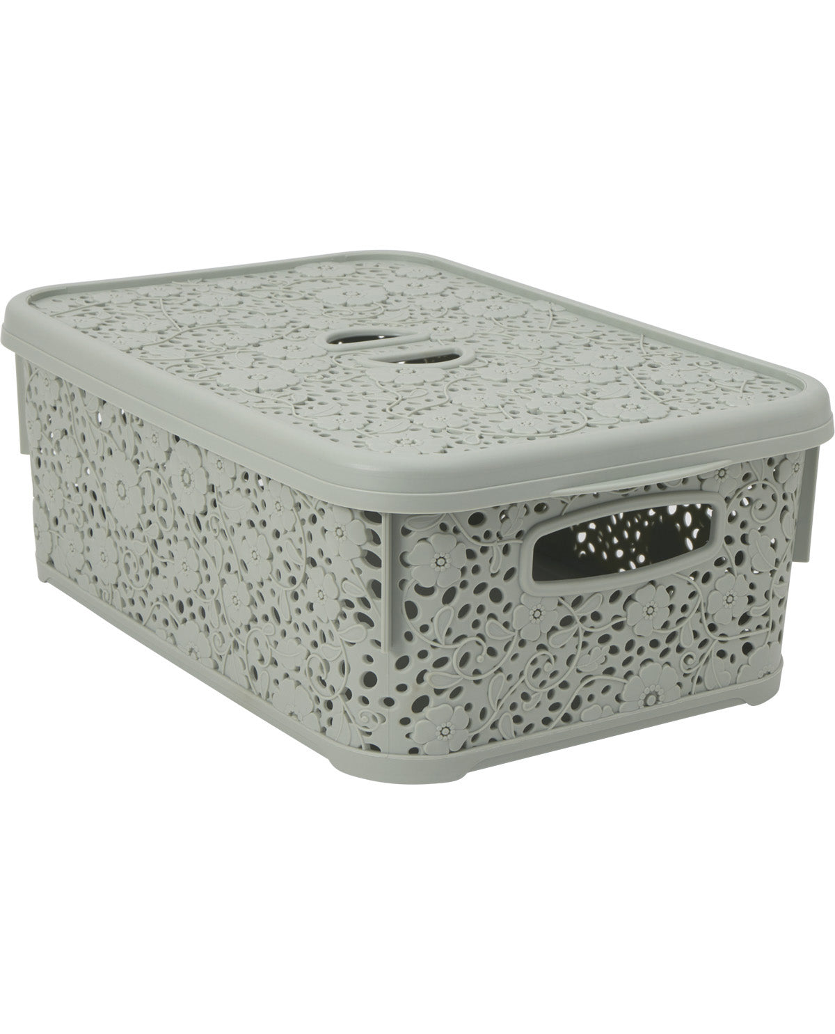 A light gray plastic storage bin with a matching lid, featuring a perforated cutout pattern on the sides and handles.