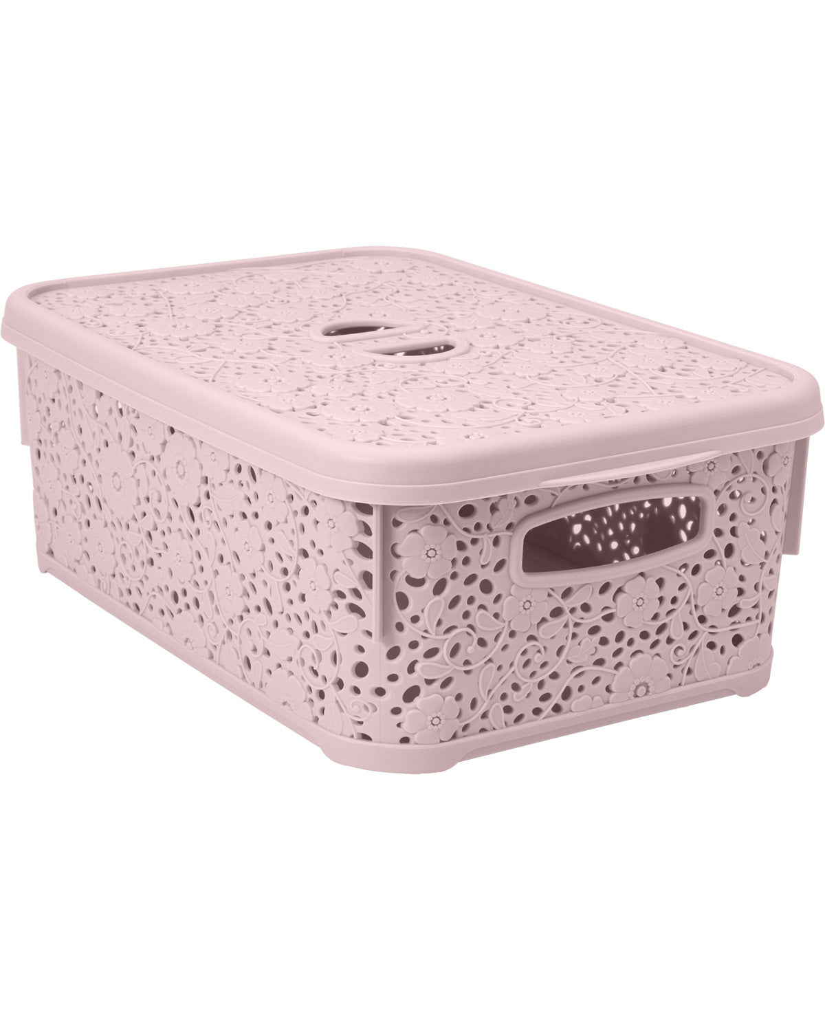 A light pink plastic storage bin with a matching lid, featuring a decorative perforated pattern and integrated side handles, shown on a plain white background.