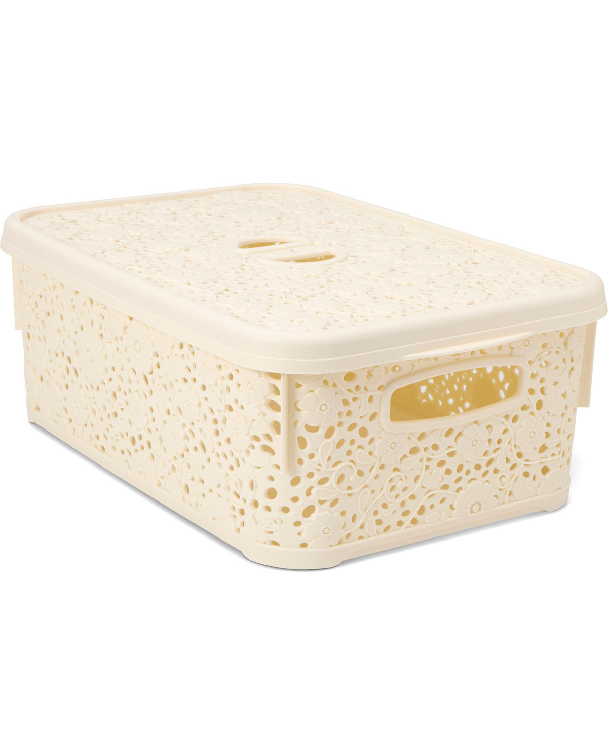 An off-white plastic storage bin with a matching lid, featuring a decorative perforated pattern and integrated side handles, shown on a plain white background.