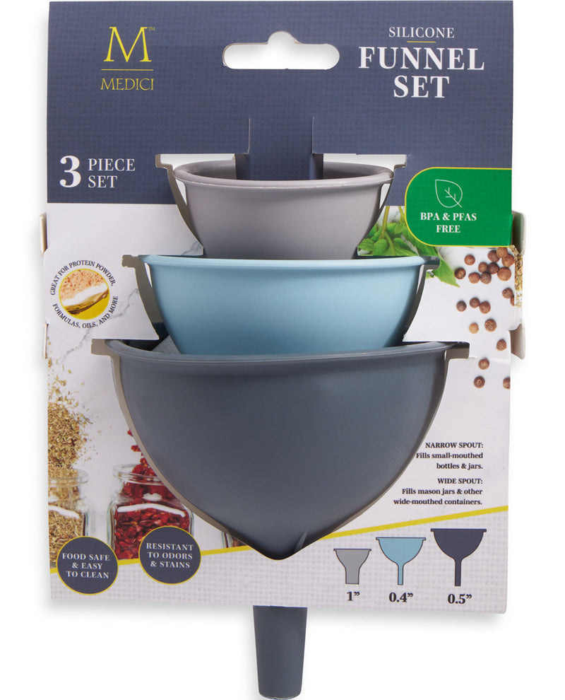 A 3-piece silicone funnel set by Medici, packaged on its retail cardboard backing. The set includes three nested funnels in dark gray, light blue, and medium gray, with printed product details and size indicators (1 inch, 0.